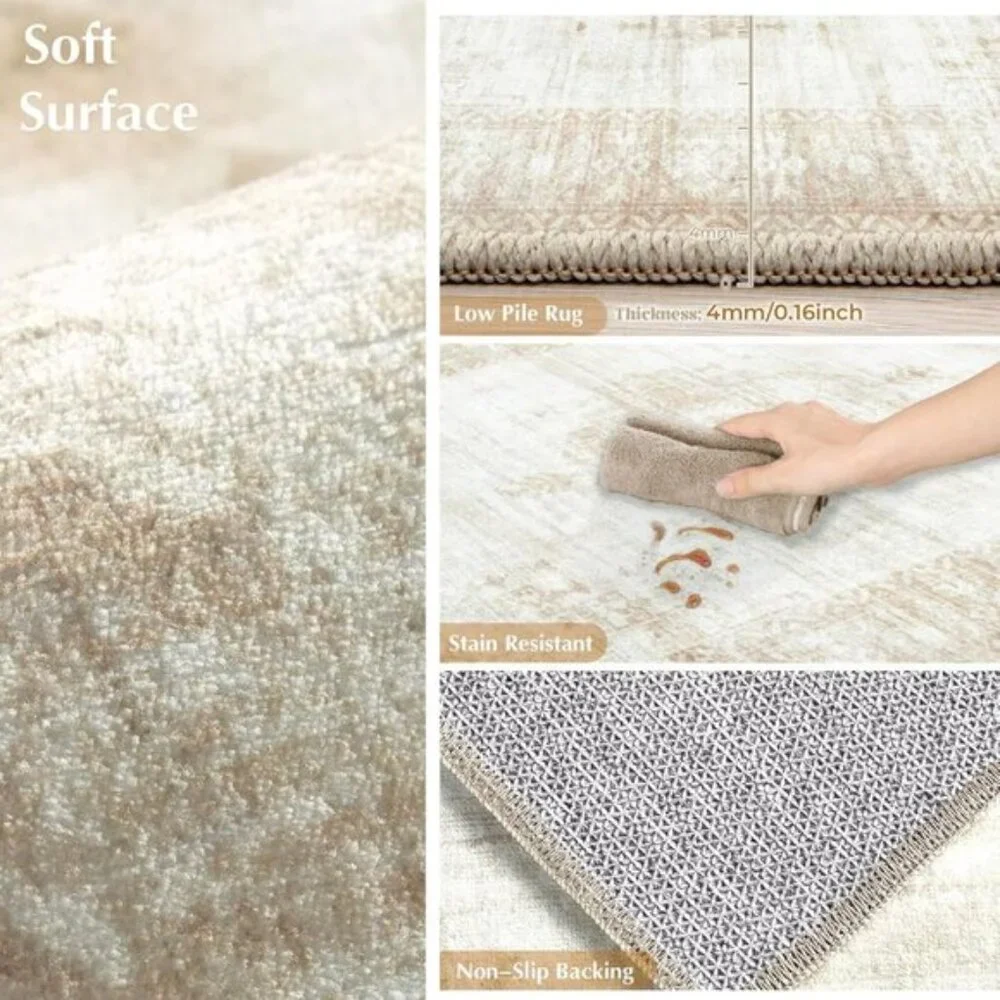 New 6x9 Beige Vintage Area Rug, Washable Boho Moroccan Non-Slip Carpet for Home